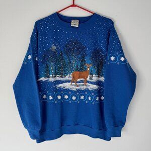 90s vintage blue animal deer snowy winter nature graphic pullover sweatshirt